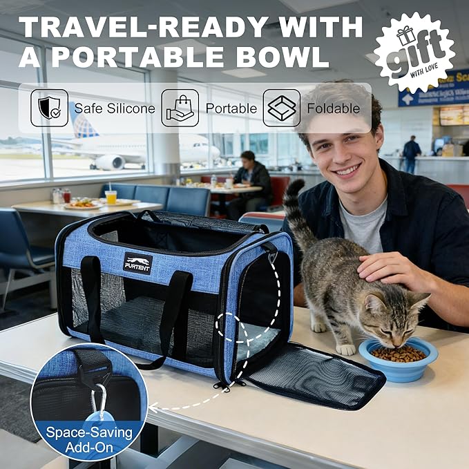 TSA Approved Pet Carrier for Kitten and Puppy, Cat Carrier Soft Fits Pets up to 13 lbs, Dogs Travel Bag with Bowl Foldable, Ideal for Travel, Car Rides, and Vet Visits, Dark Blue