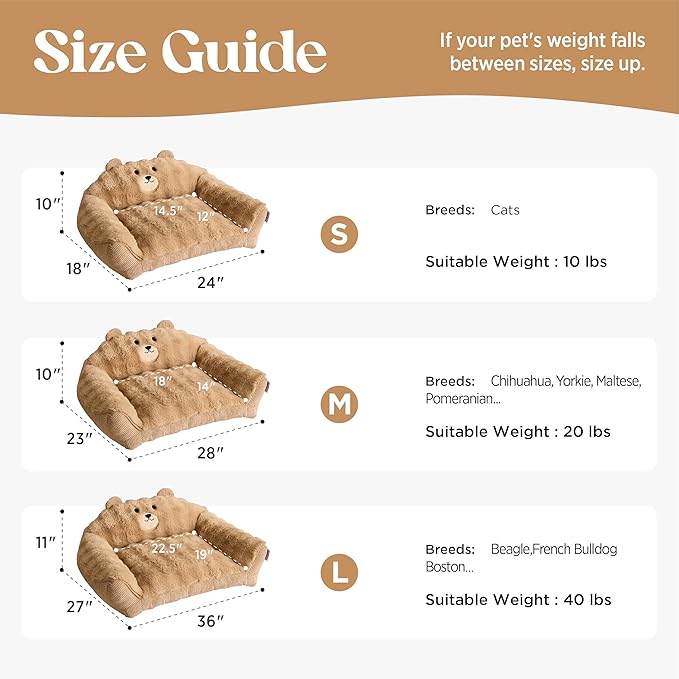LE SURE Cat Bed for Pets - Fluffy Small Dog Bed with Original Bear Design, Supportive Dog Couch with Removable Washable Cover, Puppy Bed for Small and Medium Dogs, 28inch, Almond