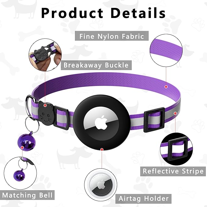 Cat Collar with Air Tag Holder, Reflective Kitten Collar with Bell, Breakaway Airtag Cat Collar for Boys Girls Cats, GPS Tracker for Cats 0.4’’ Width Adjustable Safe Kitty Collar, Light Purple