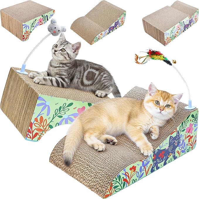 WUWEOT 2 in 1 Cat Scratching Board, Removable Cardboard Scratching Pad, Large Cat Lounge Sofa with Detachable Toy for Indoor Cats to Rest, Grind Claws and Play
