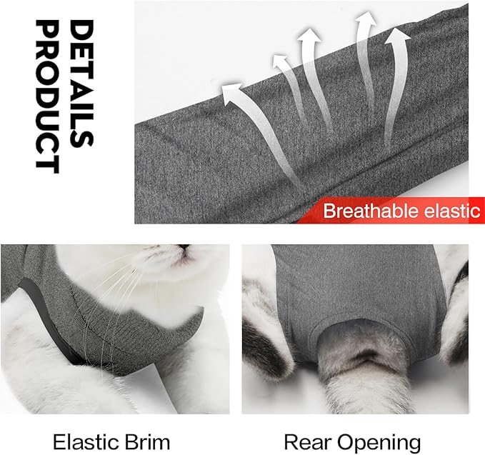 Cat Recovery Suit for Male and Female Surgical Post Surgery Soft Cone Onesie Shirt Clothes Neuter Licking Protective Diapers Outfit Cover Kitten Spay Collar(S, Grey)