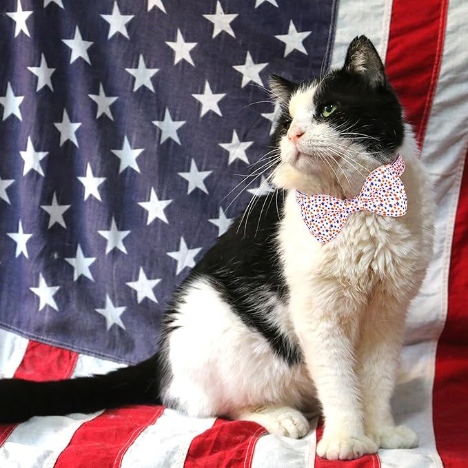 2 Pack 4th of July Cat Collar with Bow Tie Patriotic Adjustable Breakaway Safety Buckle Kitten Collars with Stars & Stripes Design and Charm Independence Day Cat Accessories for Boys & Girls