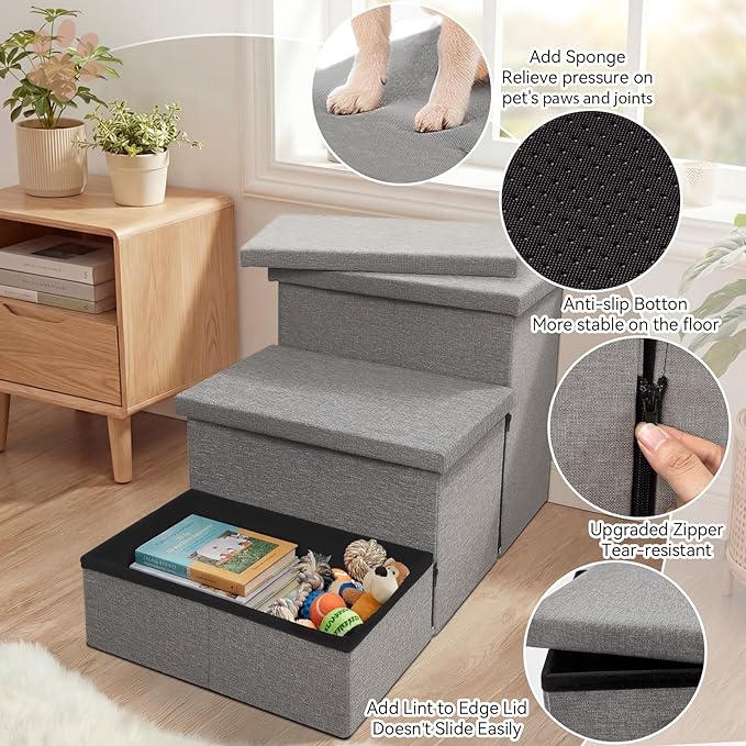 Dog Stairs 18" H, 3-Step Wider Dog Steps for High Beds Couch, Folding Storage Pet Stairs Gift for Small/Medium/Large Old Dogs Cats, Ramp for Climbing Car Up to 200 lbs, (Gray, with Condo)
