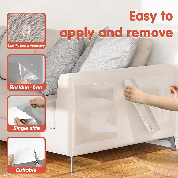 12 PCS Large Cat Scratch Furniture Protector, Transparent Couch Protector from Cat Claws, Single-Sided Self Adhesive Anti Pet Deterrent Sofa Cover, 14IN