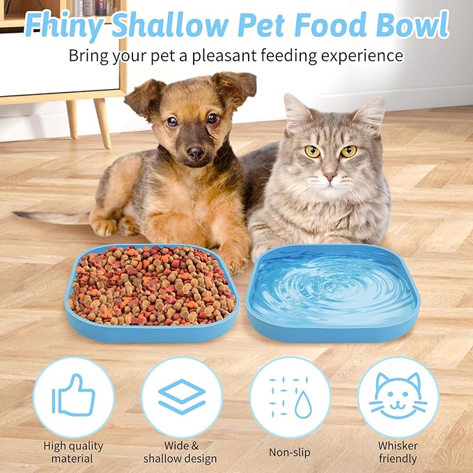 Fhiny 2PCS Silicone Cat Bowls Set 5.9 x 5.9 in Shallow Dog Dish Whisker Friendly Cat Food Plate for Dry & Wet Food Dishwasher Safe Non-Slip Pet Feeding Bowls for Kittens and Puppies (Blue)