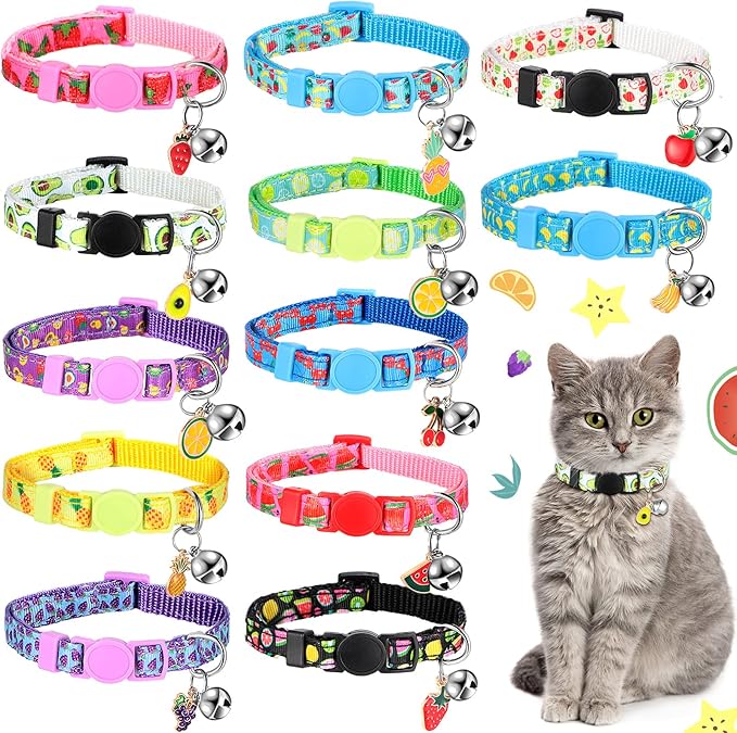 Frienda 12 Pcs Spring Summer Breakaway Cats Collars Girl Cat Safety Adjustable Collars with Bell and Summer Fruit Patterns Pendants Set for Pets Decoration(Small)