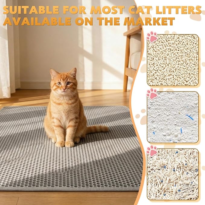 Cat Litter Mat, Honeycomb Double Layer Waterproof & Urine Resistant Non-Slip Litter Trapping, Easy Clean Washable Scatter Control for Litter Box (Gray, 30x24 Inch)