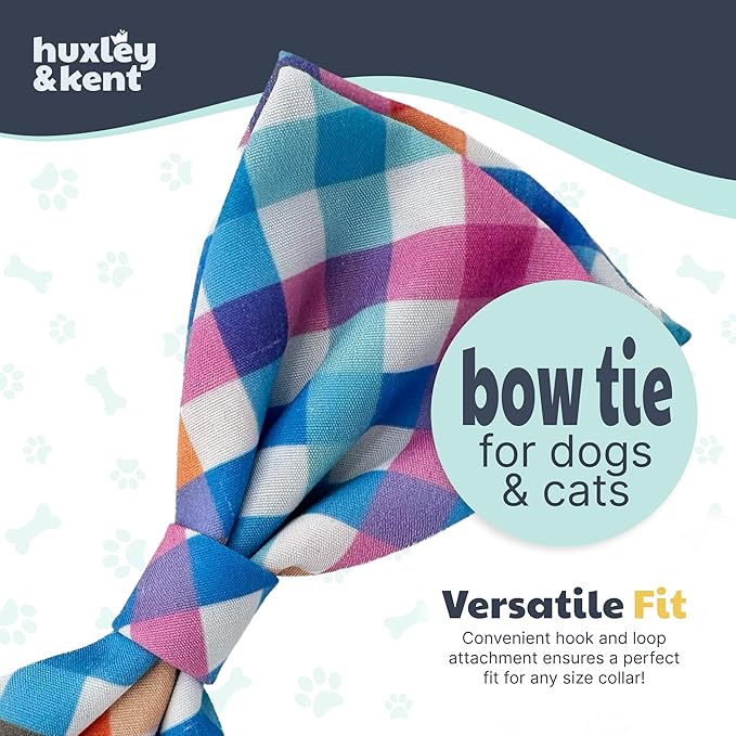 Huxley & Kent Pet Bow Tie for Dogs & Cats - Adjustable Hook & Loop Collar Accessory - Cute & Comfortable for Holidays & Celebrations - Blue/Green Check, Small