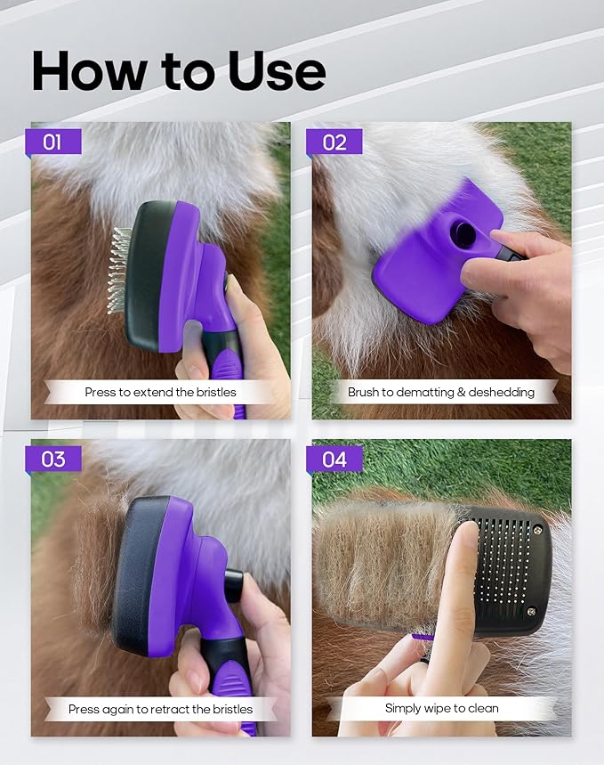 Self Cleaning Shedding Brush - Skin Friendly Grooming Tool for Dogs, Cats, and Puppies, Deshedding and Hair Removal for Long and Short Haired Pets(Purple)