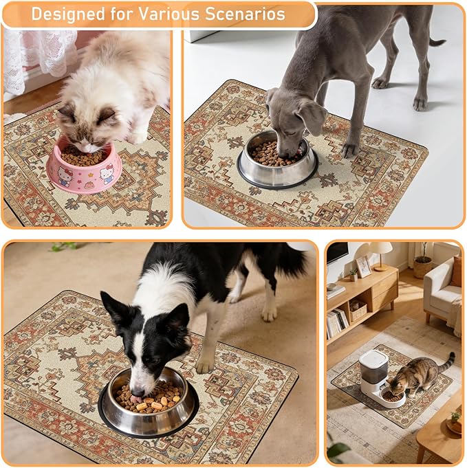 Pet Dog Food Mat - Absorbent Diatomite Dog Cat Feeding Mats for Food and Water, Anti Slip Dog Cat Bowl Placemat for Floors, Quick Dry Pet Dish Matts Supplies, Bohemia Style, 16 * 24in
