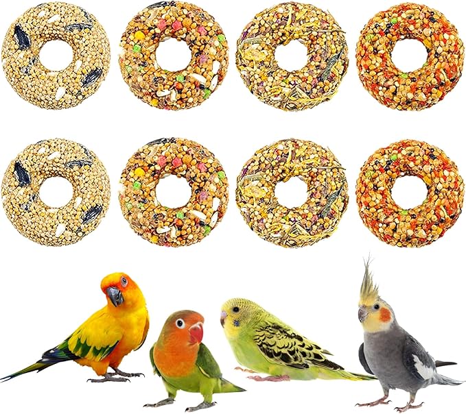 Fhiny 8 PCS Parakeet Treats, Donut Shaped Natural Grain Cockatiel Food with Fruits Vegetables Flowers and Herbs Bird Chew Toys for Parrot Conure Lovebird Training Rewards and Beak Grinding
