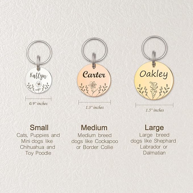Anavia Floral Pet ID Tags, Birth Month Flowers Theme Dog Tag Round Bone Shape Cat Name Tag, Glossy Stainless Steel Gold Plated Dog Collar Tag (Round - Flower Field - Rose Gold, Medium)