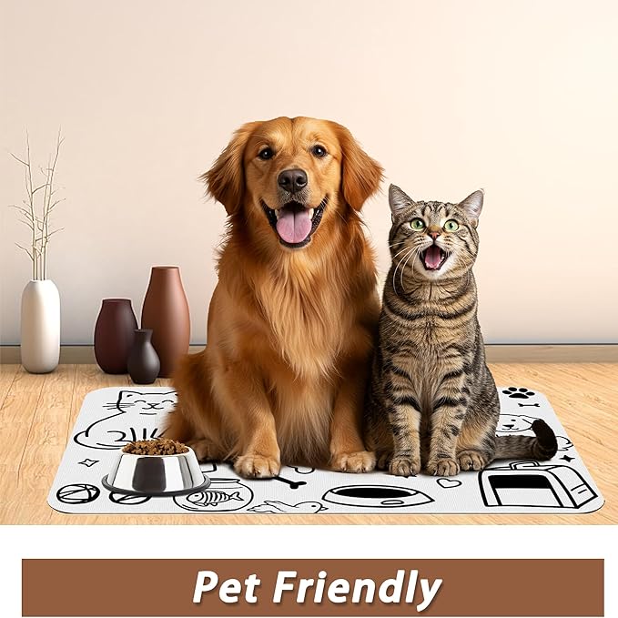 Cute Cat Bird Paw Print Dog Cat Food Mat,Absorbent Pet Feeding Mat with Rubber Backing,Non-Slip Water Bowl Placemat,Indoor Pet Accessories Supplies 12"x20"