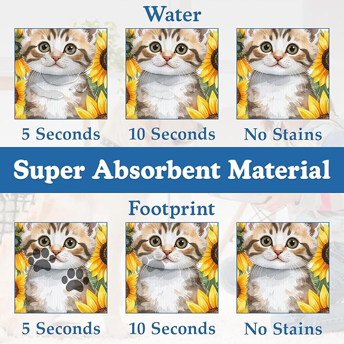Cute Cat Sunflower Pet Feeding Mat for Floors–Christmas Stocking Absorbent Quick Dry Dog Cat Bowl Mat for Food and Water, Non Slip Waterproof Base, Mess-Free Feeding Accessories 12"x20"