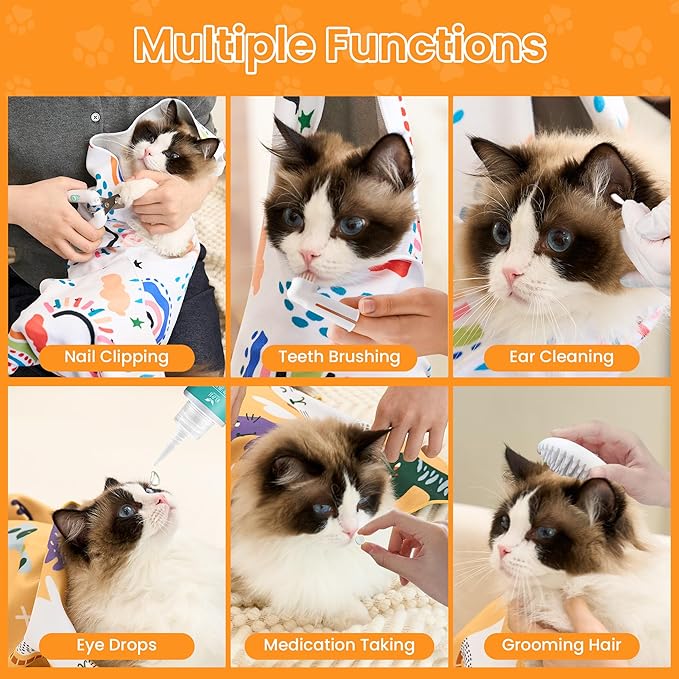 17.7'' Cat Grooming Wrap for Cutting Nails Self-Adhesive Soft Polyester Fabric Swaddle Wrap for Cats Anti-Scratch Anti-Escape Restraint for Nail Clipping Pet Cleaning and Beauty (Rainbow,M)