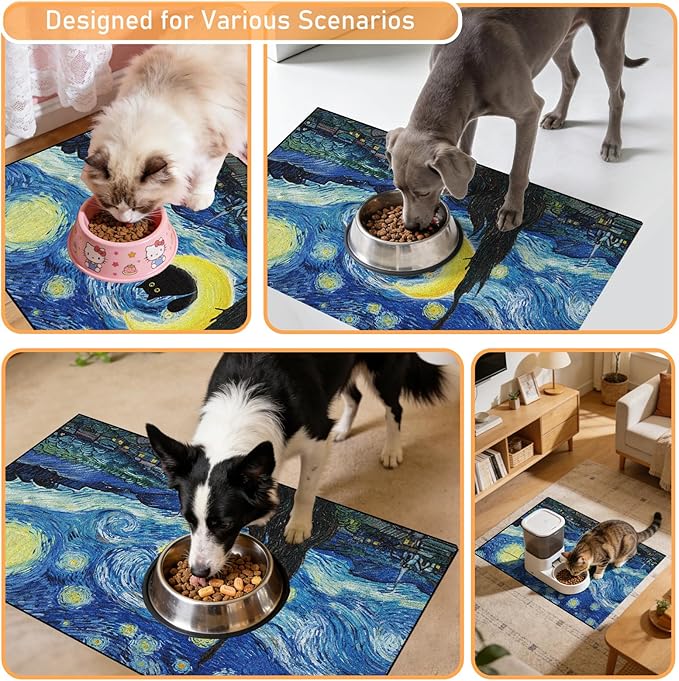 Dog Food Feeding Mat - Absorbent Diatomite Pet Dog Cat Bowl Mats for Food and Water, Anti Slip Dog Bowl Placemat for Floors, Quick Dry Pet Dish Matts Supplies, Black Cat Style, 12 * 20in