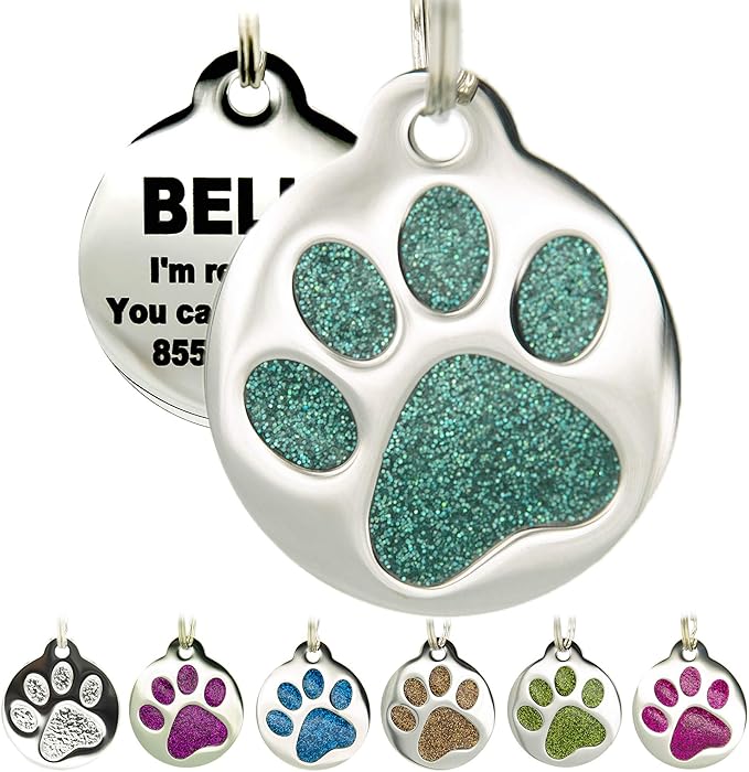 PetANTastic Engraved Cat Tags - Personalized with 4 Lines of Custom Engraved ID, Round Paw Print Stainless Steel Enameled in 6 Colors: Ocean Blue, Aquamarine, Deep Pink, Magenta, Pale Green, Amber