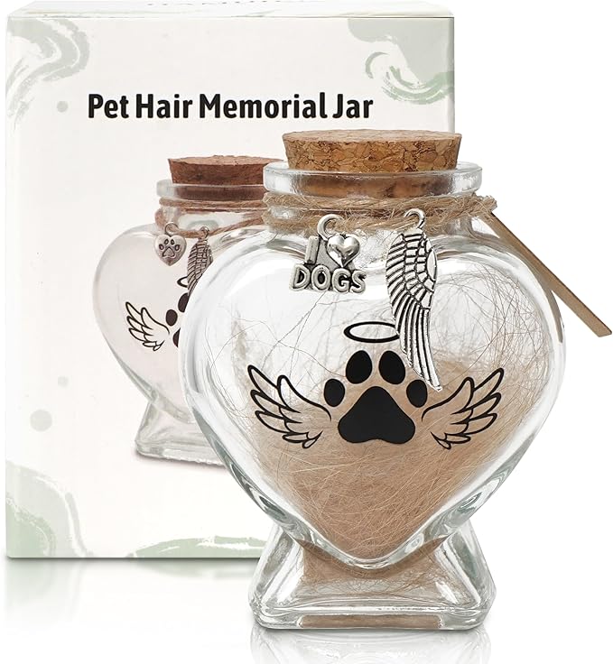 Pet Memorial Gift for Loss of Dog, Heart Shape Glass Jar & Bottle for Fur, Hair, Whiskers or Ashes Keepsake Urn with Cork Top, Charms for Cute Rainbow Bridge Memorial, Silver