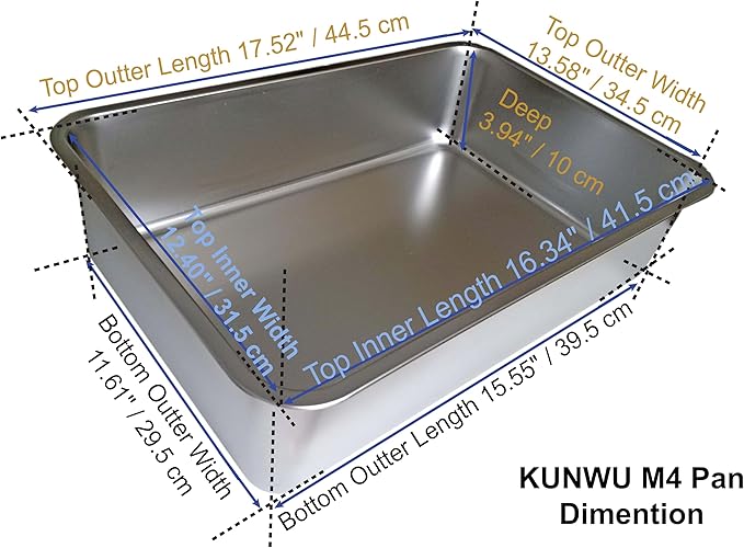 KUNWU Stainless Steel Pet Litter Box M4, 18"x14"x4" for Cat, Dog & Rabbit, Corrosion Resistant Easy Clean No Residue Build Up Never Absorbs Odor Stains Rusts Durable Pan (M (18"x14"), 4" Deep)