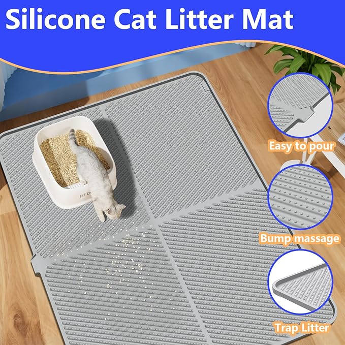 Silicone Cat Litter Mat,Extra Large Litter Trapping Mat,Waterproof,Litter Box Mat for Floor,Easy Clean,Non-Slip Litter Catcher Mat,Cat Supplies Needs 40" x30.5” (Grey, 40x30.5x0.55 in)