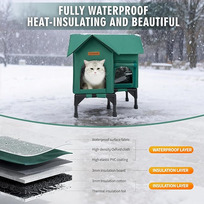 Outdoor Cat House Weatherproof, Heated Cat House for Outside, Insulated Outdoor Cat Shelter with Thickened Model (Green, L)