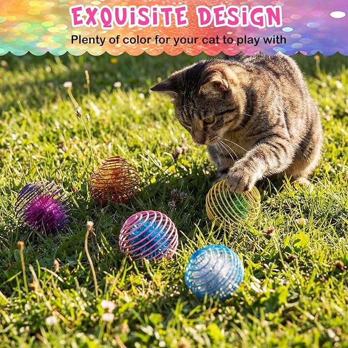 Jecery 5 Pcs Cat Spring Toys Stretchable Rolling Balls Colorful Playful Coils Interactive Action Toy Caged Rats for Kitten Pet Supplies (Glitter Balls,Multicolor)