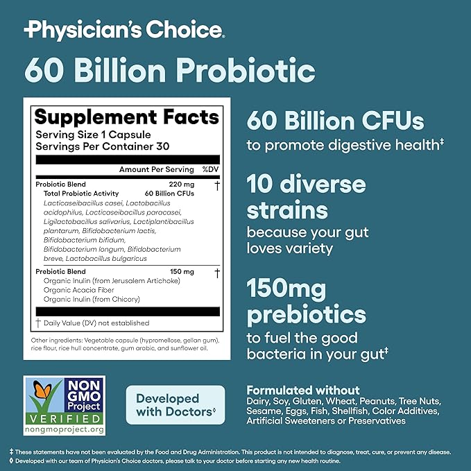 Physician's CHOICE Probiotics 60 Billion CFU - 10 Strains + Organic Prebiotics - Immune, Digestive & Gut Health - Supports Occasional Constipation, Diarrhea, Gas & Bloating - for Women & Men - 30ct