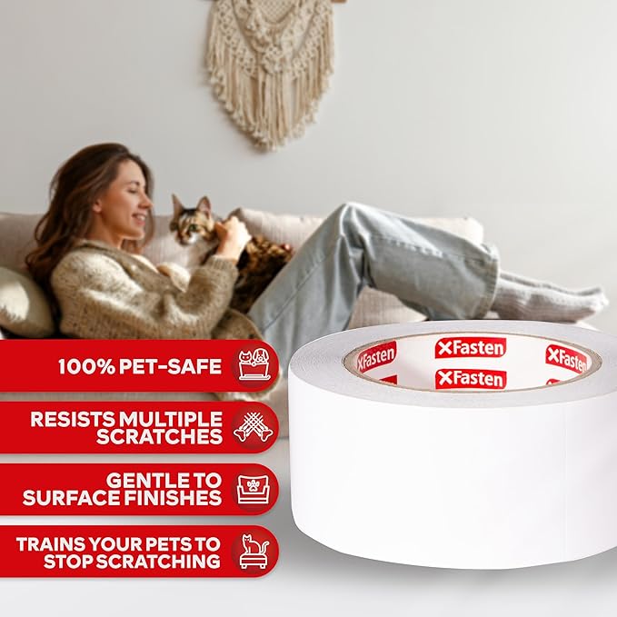 XFasten Anti-Scratch Cat Training Tape, Clear, 2.5-Inches x 15 Yards (Single Roll), Door, Couch, Furniture and Leather Scratch Guard Protector Tape for Cats and Pets