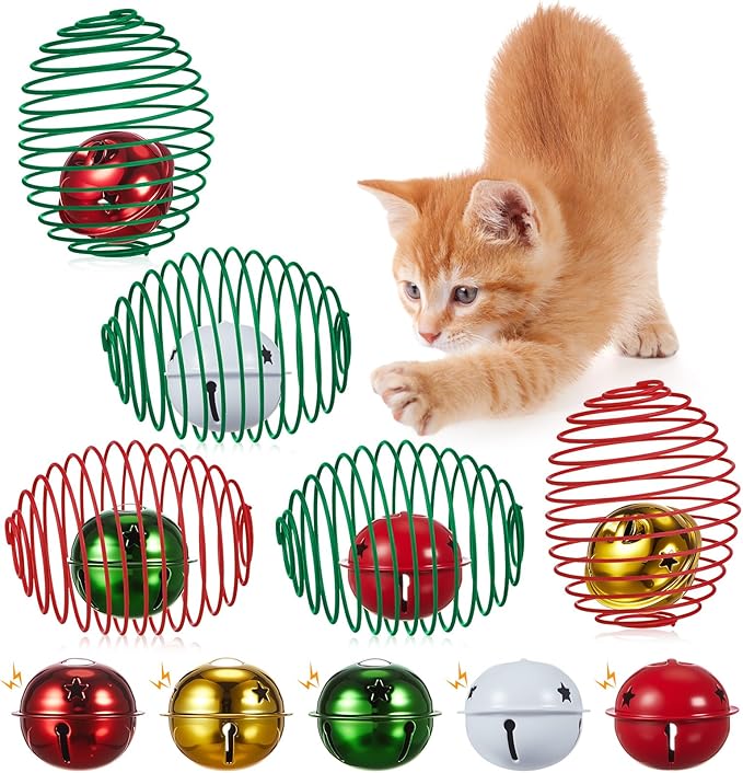 Jecery 5 Pcs Cat Spring Balls Toys Stretchable Rolling Balls Colorful Playful Coils Interactive Action Toy Caged Rats for Kitten Pet Supplies (Bell,Christmas Colors)