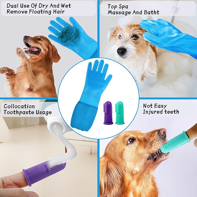 Dog & Cat Grooming Gloves – 2-in-1 Silicone Shower Gloves with Finger Toothbrush – Soft, Multifunctional Pet Hair Remover for Bathing, Massaging & Cleaning(Blue)