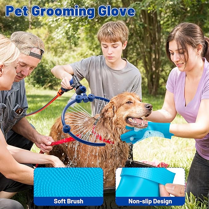 MALLMALL6 Adjustable 360° Dog Washing Hose Attachment with Pet Grooming Glove & 2 100cc Soap Dispenser, Foldable Foam Nozzle Sprayer with 4 Faucet Connectors & 8.2Ft Puppy Washer Hose for Showering