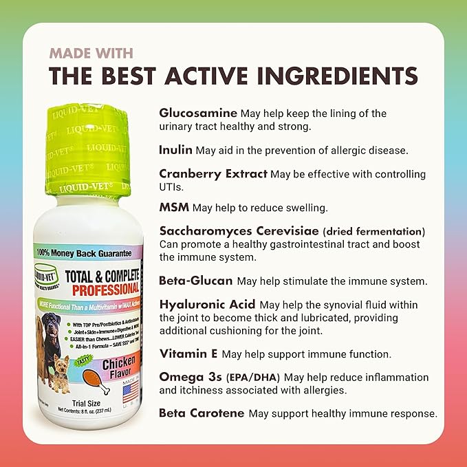LIQUID-VET Total & Complete Support for Dogs – Joint, Allergy, Digestive & Immune Health – 10 Active Ingredients in 1 - Made for Picky Eaters (8 Fluid Ounces, Chicken)