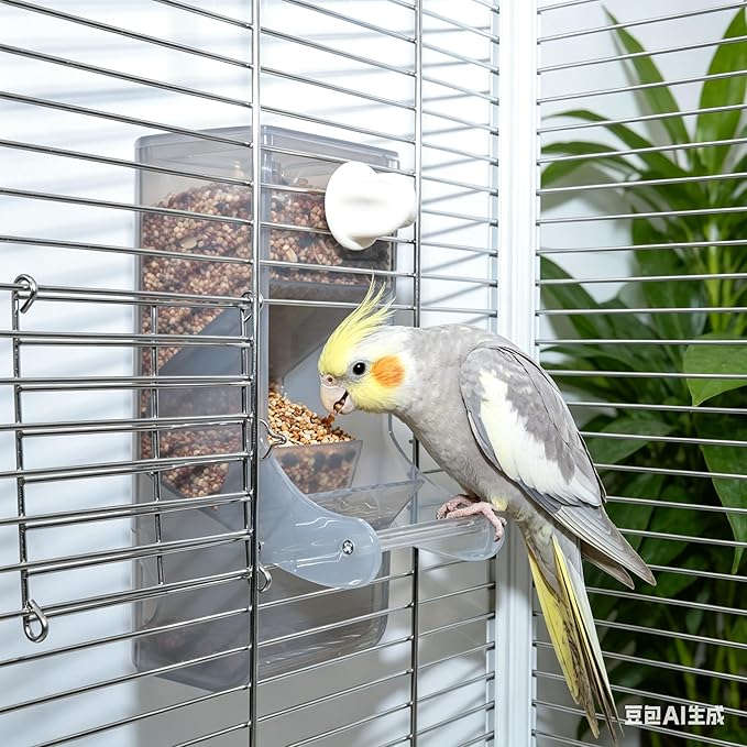 AOTU Automatic No Mess Bird Feeder for Cage - Crack-Resistant Plastic Bird Cage Seed Catcher Clear Bird Cage Feeder for Small Medium Birds Parrots Cockatiels Parakeets Conures Canaries (Light Gray)