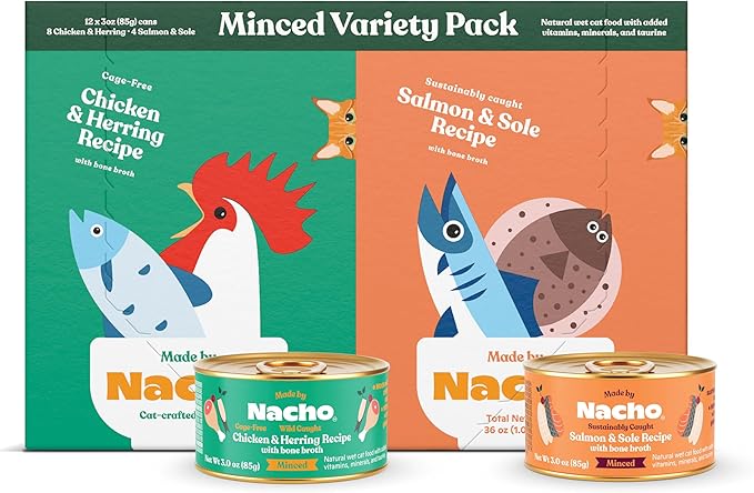 Made by Nacho Premium Minced Wet Canned Cat Food with Hydrating Bone Broth 3.0oz (Variety Pack (12 Count) - Chicken and Herring, Salmon and Sole)