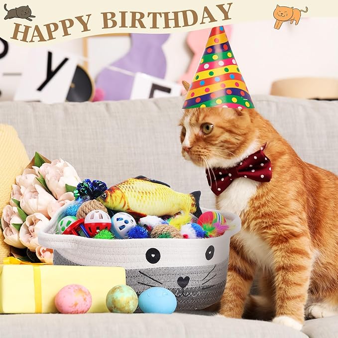 Zopeal 58 Pcs Valentine's Day Cat Storage Basket Gift Toys Set, Colorful Flashing Balls Pet Bell Crinkle Balls Spring Toys Attract Cat to Swat, Hunt, Interactive for Pet(Multicolor,9.8 Inch)