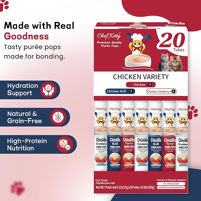 Purée Pops, Cat Treats, Grain-Free, Lickable, Squeezable Creamy Cat Treat/Topper with Vitamin E & Taurine, 0.5 Ounces Each Tube, 20 Tubes, Chicken Mix Variety