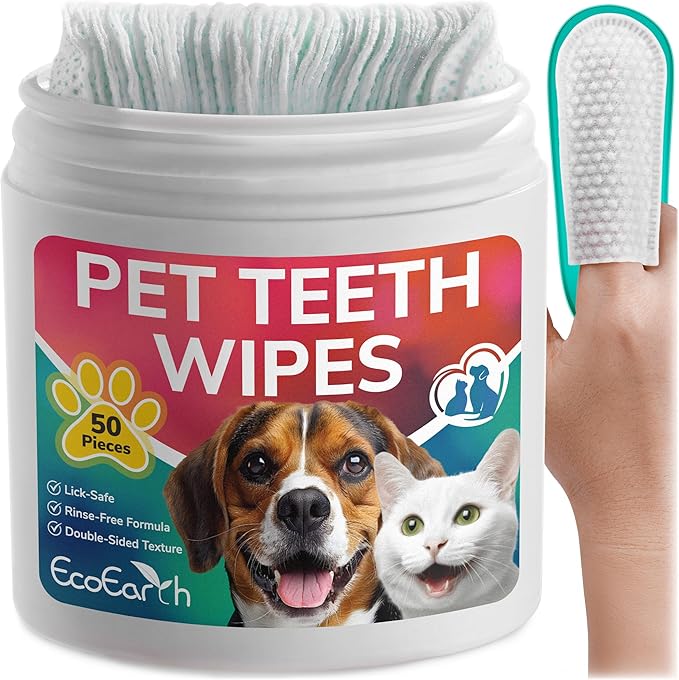 Premium Teeth Cleaning Wipes for Dogs & Cats - 50 Pcs - Pet Dental Care Finger Pads for Fresh Breath & Oral Hygiene - Embossed Pattern & Nano Plastic-Dotting to Remove Plaque & Tartar
