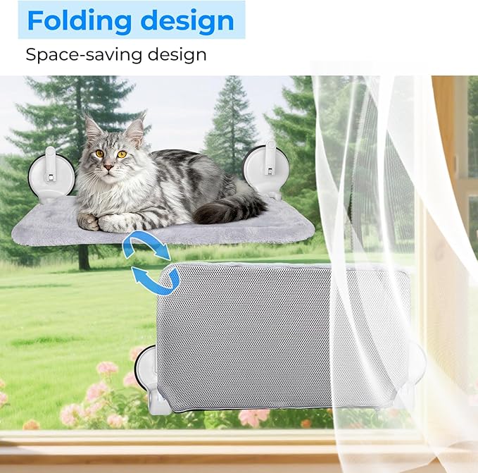 L&W BROS. Cat Window Perch with Lever Lock Suction Cups Holds up to 50 lbs Foldable & Space Saving Design Heavy Duty Window Hammock for Large Cats (M 1Pc)