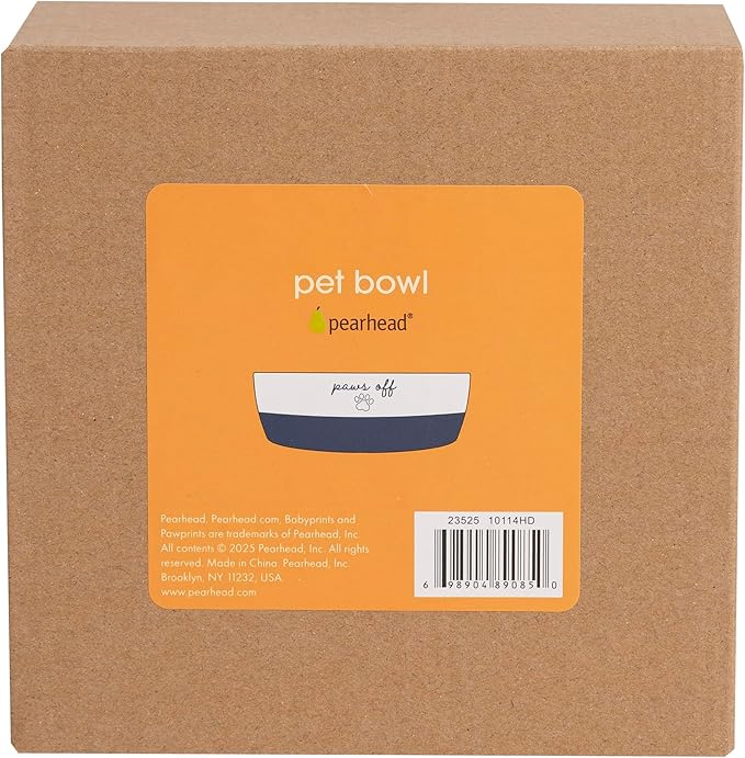 Pearhead Ceramic Paws Off Cat Bowl, Holds 1.3 Cups, Navy Blue and White Stoneware Dish, Non-Skid Feeding Bowl, Microwave and Dishwasher Safe, Small (Pack of 2)