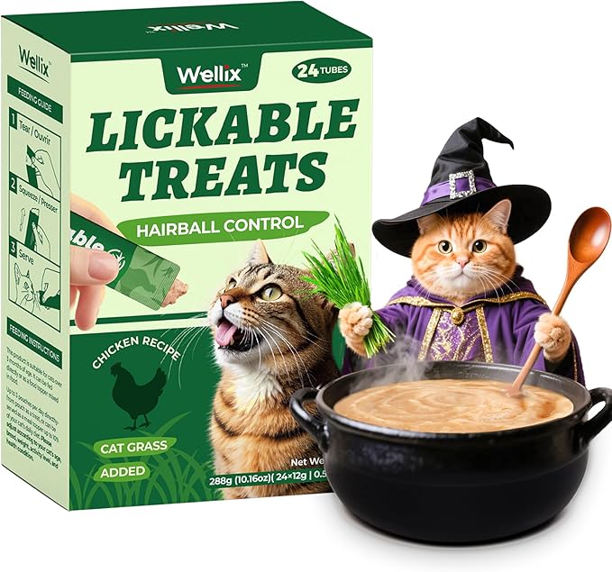Wellix Lickable Cat Treats Healthy - Grain-Free Chicken&Cat Grass Flavor Kitten Snacks (24 Count) - Squeezable Up Cat Treats for Hairball Control&Gut Healthy