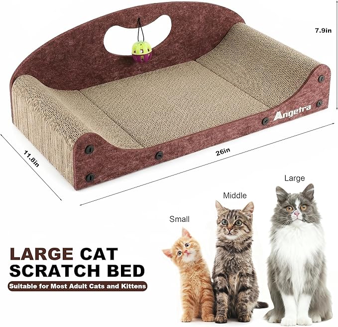 26" Cat Scratcher Bed, Large Scratcher Couch for Indoor Cats, Cardboard Scratcher Sofa, Durable Scratch Pad with Ball & Catnip, Furniture Protector (Brown, Large)