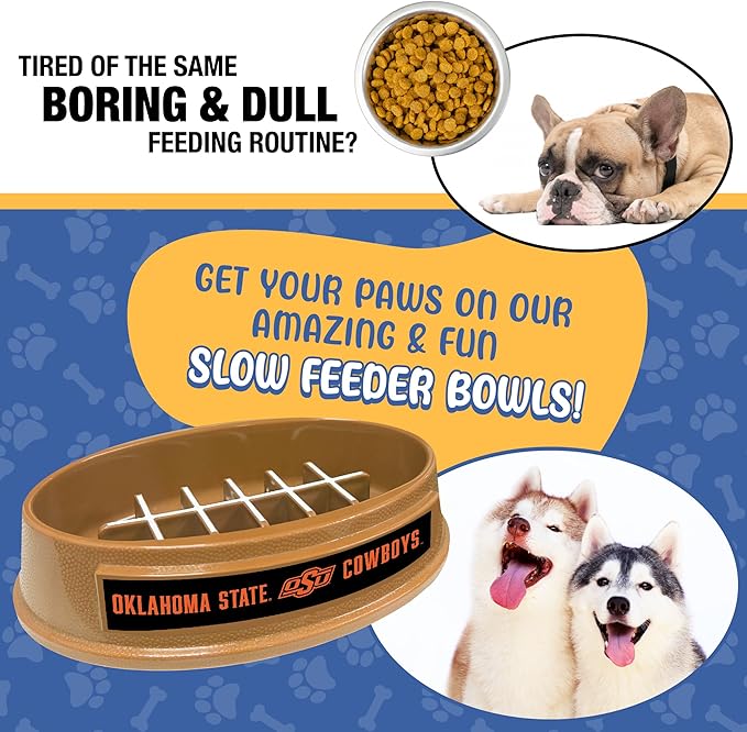NCAA Super-Bowl - Oklahoma State Cowboys Slow Feeder Dog Bowl. Football Design Slow Feeding Cat Bowl for Healthy Digestion. Non-Slip Pet Bowl for Large & Small Dogs & Cats