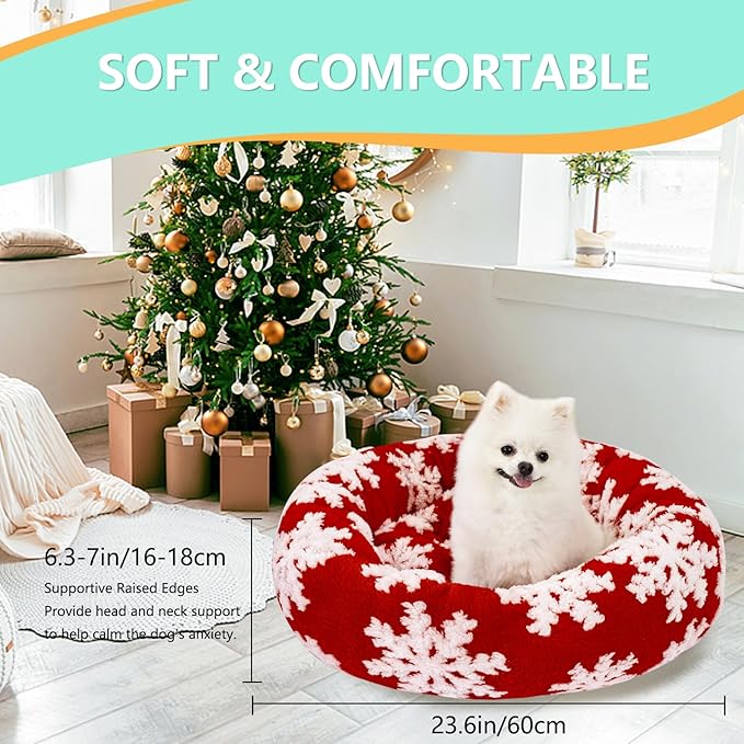 23 Inch Christmas Snowflakes Calming Dog Bed for Small Dogs Cats, Kitty Puppy Round Anti-Anxiety Warm Bed, Soft Cozy Anti-Slip Donut Washable Pet Bed, Fits up to 30 lbs Pets