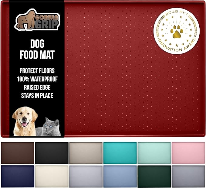 GORILLA GRIP 100% Waterproof Raised Edge BPA Free Silicone Pet Feeding Mat, Dog Cat Food Mats Contain Spills Protects Floors, Placemats for Cats and Dogs Water Bowl, Pets Accessories 16x10, Red