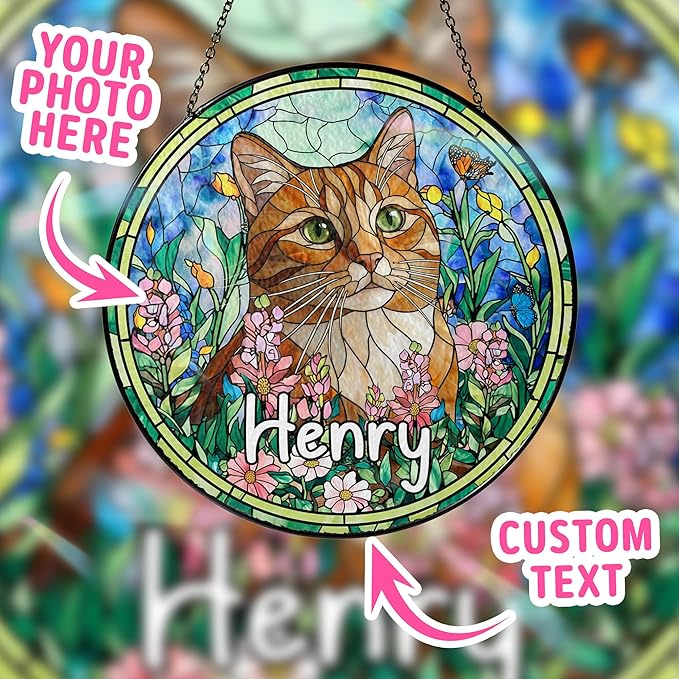 Custom Cat Portrait Art Suncatcher Stained Glass Remembrance Gift Dog Indoor Decor Window Hanging Dog Cat Bereavement Keepsake Loss of Pet Sympathy with Name Date Portrait Gifts