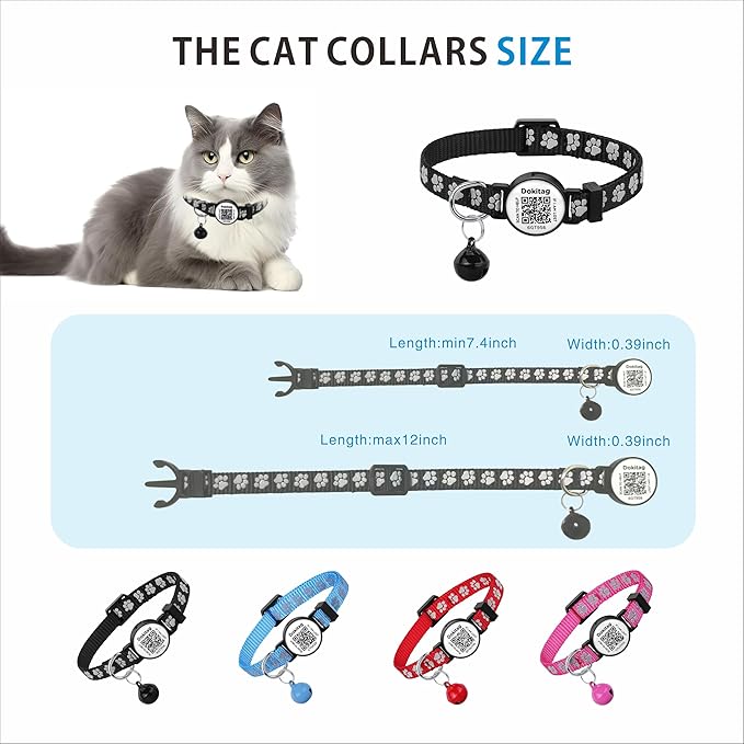 Reflective Cat Collar with QR Code Name Tag,Breakaway Cat Collars with Pet Id Tag and Bells,Scan QR Receive Instant Pet Location Alert Email 2pack (red&Blue)