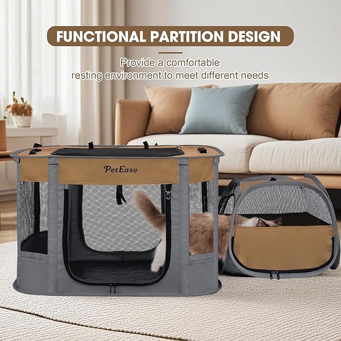 Portable 2-in-1 Dog playpen, Outdoor Cat Playpen with Litter Box Area for Indoor Cats Enclosed Rabbit Puppy Hamster, Indoor/Outdoor Cats Enclosure Cages Tent Tent (Brown)