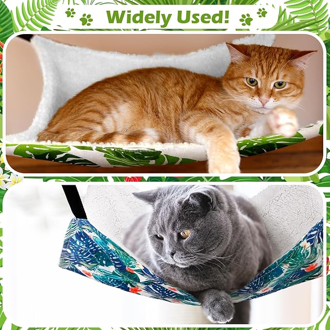 2 Pieces Reversible Cat Hanging Hammock Soft Breathable Pet Cage Hammock with Adjustable Straps and Metal Hooks Double Sided Hanging Bed for Small Dogs Rabbits(Monstera Leaf,L)