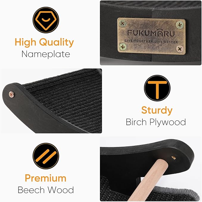 FUKUMARU Cat Scratcher Bed Sisal, 23.6 Inch Durable Scratching Bed for Indoor Cats, Large Cat Scratch Pad, 100% Natural Sisal Hammock, Solid Wood Frame Lounger Chair for Sleep & Scratch (Black)