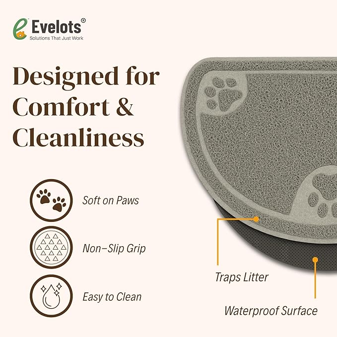 Evelots Cat Litter Mat – Traps Litter & Mess from Box, Absorbent Urine-Proof & Waterproof Floor Protection, Soft on Paws, Non-Slip, Easy Clean, Machine Washable, Unscented, Gray, Large